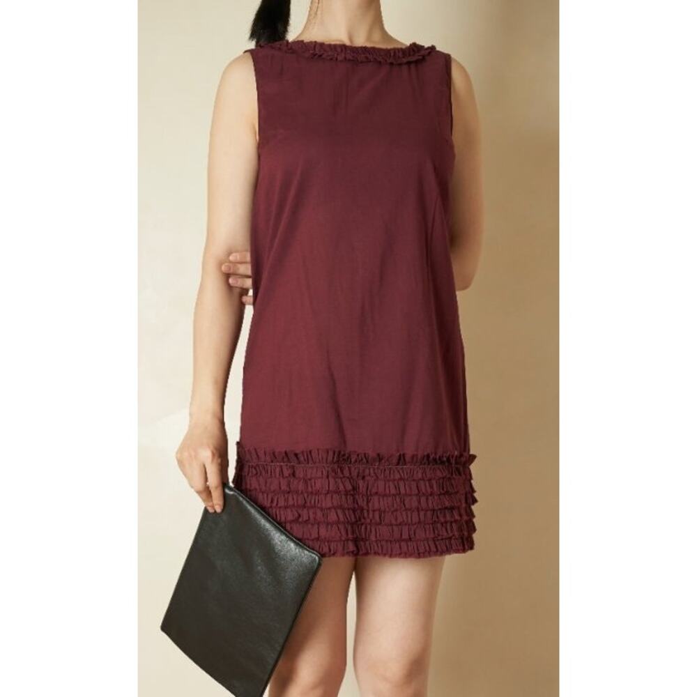 Marni Ruffle Hem Cotton Shift Dress Medium Burgundy Quiet Luxury Preppy Minimal